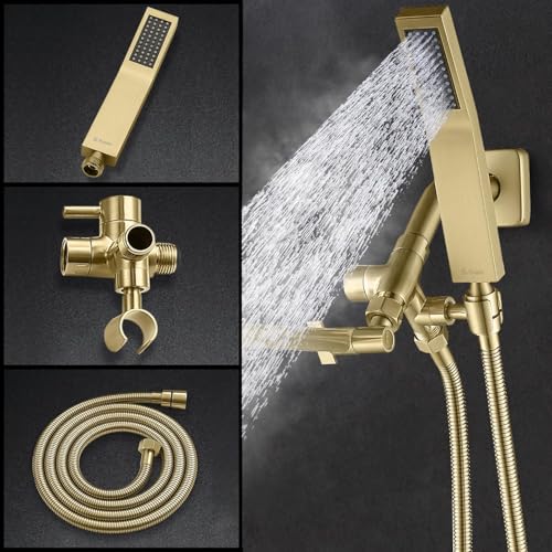 G-Promise All Metal 8-Inch Dual Square Shower Head Combo, Rain Shower Head, Handheld Shower Wand with 71-Inch Extra Long Hose, 3-Way Diverter, Adjustable Extension Arm, Brushed Gold | Built to Last, Easy Install, Adjustable Height & Angle for All Heights,