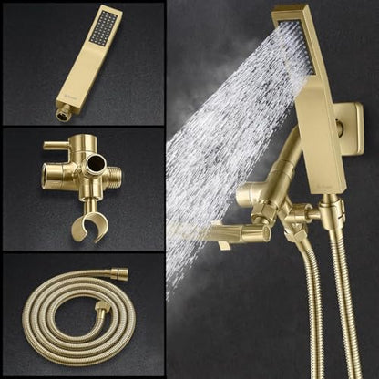 G-Promise All Metal 8-Inch Dual Square Shower Head Combo, Rain Shower Head, Handheld Shower Wand with 71-Inch Extra Long Hose, 3-Way Diverter, Adjustable Extension Arm, Brushed Gold | Built to Last, Easy Install, Adjustable Height & Angle for All Heights,