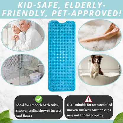 ENKOSI Non-Slip Bath & Shower Mat 40x16 Extra Long, Suction & Drain Holes | Clear Blue look; Durable PVC; 40x16 in, Clear Blue - color: Clear Blue