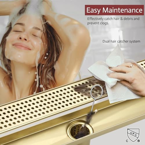 Linear Shower Drain, 24 inch Brushed Gold | Including Hair Catcher and Removable Grate, 304 Stainless Steel, Easy to Install and Clean (Drain Base Not Included) - color: Brushed Gold, size: 24 inch