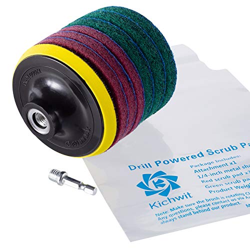 4 Inch Drill Powered Brush Tile Scrubber Scouring Pads Cleaning Kit | Pad Holder and Metal Shaft Included - size: 4 Inch