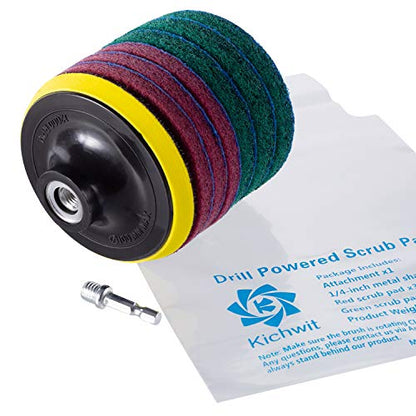4 Inch Drill Powered Brush Tile Scrubber Scouring Pads Cleaning Kit | Pad Holder and Metal Shaft Included - size: 4 Inch