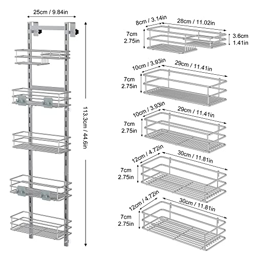 Orimade Over the Door Shower Caddy Adjustable 5 Tier Silver Grey,Bathroom Hanging Organizer Shelf Rustproof with 4 Hooks,Shower Basket with Soap Holder and Suction Cup - color: Silver Grey-5T