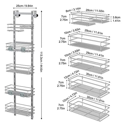 Orimade Over the Door Shower Caddy Adjustable 5 Tier Silver Grey,Bathroom Hanging Organizer Shelf Rustproof with 4 Hooks,Shower Basket with Soap Holder and Suction Cup - color: Silver Grey-5T