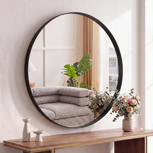DUMOS Round Wall Mirror 28 Inch, Bathroom Wall Circle Mirror | Bathroom Decor for Entryway, Living Room, Vanity, Metal Frame, Tempered Glass, Anti-Rust, Hanging or Leaning, Black - color: Classic Black, size: 28"L x 28"W