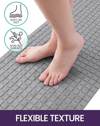 DEXI Bathtub Mat Non Slip, 39x16 Bath Tub Shower Floor Bathroom Mats Grey | Extra Long Suction Cups, Drain Holes, Machine Washable for Tub Shower Floor Bathmat - color: Gray
