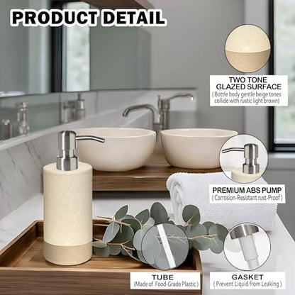 Bathroom Accessories Set 4, Beige Soap Dispenser for Bathroom, Toothbrush Holder,Tumbler Cup and Soap Dish, New Apartment Essentials, Modern Beige Bathroom Décor (Rustic) - style: Rustic