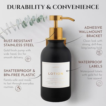 Shower Shampoo Dispenser Wall Mounted – Refillable 16.9 oz Black Bottle with Stainless Steel Pump & No-Drill Adhesive Holder – Soap Dispenser for Bathroom (1 X Black/Gold) - color: 1 X Black/Gold