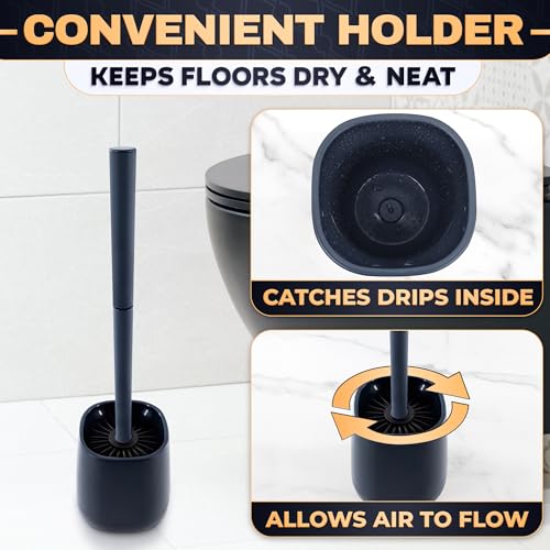 Toilet Bowl Brush and Holder, Silicone and Plastic (Black) | Compact Toilet Brush, Easy to Place and Simple to Store After Use, Strong Rubber Plunger & Stiff Bristle Brush - color: Black