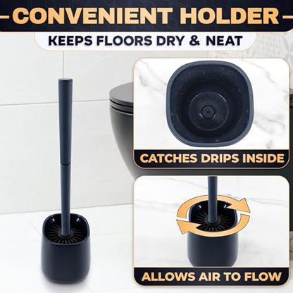 Toilet Bowl Brush and Holder, Silicone and Plastic (Black) | Compact Toilet Brush, Easy to Place and Simple to Store After Use, Strong Rubber Plunger & Stiff Bristle Brush - color: Black