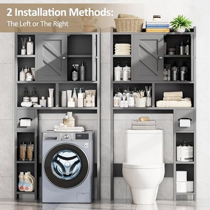 Over the Toilet Storage Cabinet, Freestanding Farmhouse Storage Cabinet Over Toilet, Bathroom Organizer with Paper Holder Stand and Adjustable Shelf, Grey - color: Light Grey