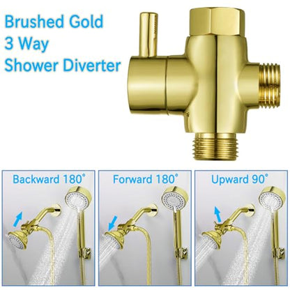 Brass Shower Arm Diverter Valve for Hand Held Showerhead and Fixed Spray Head,G 1/2 3-Way Bathroom Universal Shower System Replacement Part (Gold) - color: Gold