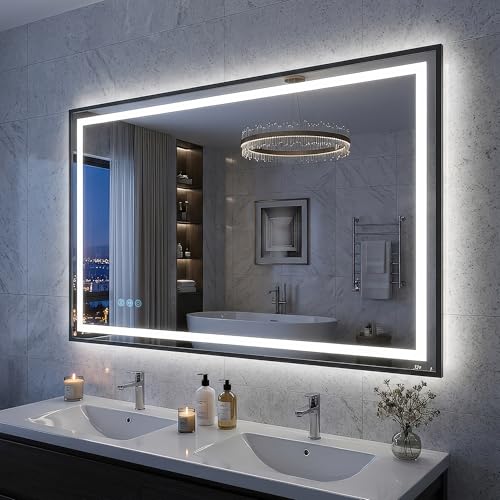 Antok 48X32 LED Bathroom Mirror with Lights, Vanity Mirror for Wall with Black Frame, Touch Control, Anti-Fog, Dimmable Lights, Shatter-Proof, Memory Function, Wall-Mounted Vanity Mirrors - size: 48"L x 32"W
