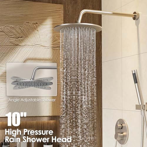 Gabrylly Shower System, 10" Wall Mounted Shower Faucet Set, Brushed Nickel | Rain Shower Head with Handheld Spray Combo, All Metal Rainfall Shower Head Complete Set Shower Mixer Valve for Bathroom - color: Nickel