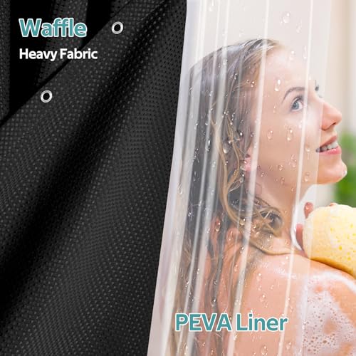 3 in 1 Shower Curtain Set, Waffle Shower Curtain and Liner Set with 6 Double Sided Shower Curtain Hooks, 258GSM Luxury Weighted Cloth Shower Curtain for Shower Stall, 36 W x 72 H, Black - color: Black, size: 36"W x 72"L (Pack of 1)