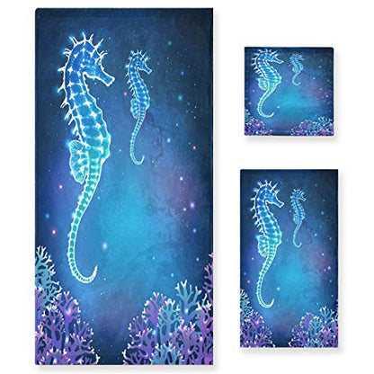 ALAZA Towel Bathroom Sets,Dreamy Glowing Seahorse Towels 3-Piece 1 Bath Towel 1 Washcloth 1 Hand Towel, Bath Towel Set of 3 Soft Multifuntion for Home Kitch - color: Multi23