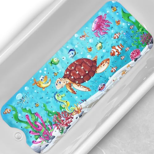Baby Bath Tub Mat, 40 x 16 Inch Extra Large Non Slip Kids Cartoon Bathtub Shower Mats with Suction Cups & Drain Holes, Machine Washable for Bathroom, Undersea Sea Turtle - color: Undersea-sea Turtle