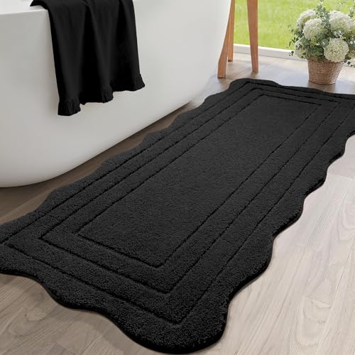 Long Bathroom Runner Rug 24x60, Extra Non Slip Washable Bath Mats | Soft Absorbent Quick Dry Large Bath Rugs, Scalloped Bathmat for Bathroom, Tub, Floor Carpet, Sink, Shower, Black - color: Black, size: 2' x 5' (Rectangular)