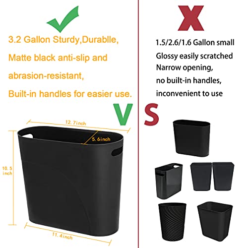 3.2 Gallon Slim Waste Basket, 2 Pack Small Wastebasket Plastic Narrow Trash Can with Handles, 12L Slim Garbage Container Bin for Narrow Space (Black) - color: Black