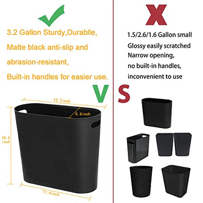 3.2 Gallon Slim Waste Basket, 2 Pack Small Wastebasket Plastic Narrow Trash Can with Handles, 12L Slim Garbage Container Bin for Narrow Space (Black) - color: Black
