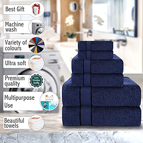 6 Piece 100% Cotton Bath Towel Set - 2 Bath - 2 Hand - 2 Face, Navy Blue | 100% Cotton • Thick & Plush • Hotel Quality • Ultra Soft • Highly Absorbent • Quick Dry • Low Lint • Machine Washable - color: Navy Blue