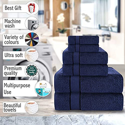 6 Piece 100% Cotton Bath Towel Set - 2 Bath - 2 Hand - 2 Face, Navy Blue | 100% Cotton • Thick & Plush • Hotel Quality • Ultra Soft • Highly Absorbent • Quick Dry • Low Lint • Machine Washable - color: Navy Blue