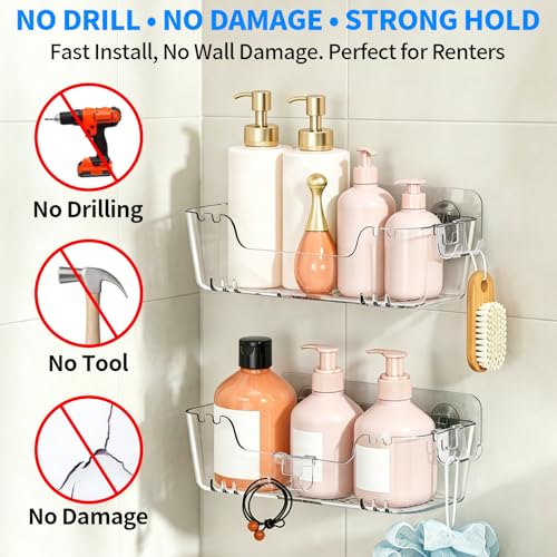 CGBE 5-Pack Adhesive Shower Caddy Set, No-Drill Bathroom Shelves | Rustproof Clear PET Wall Shelf with Open-Bottom Drainage, Hooks & Extra Adhesive Pads for Tile, Glass and Metal Surfaces