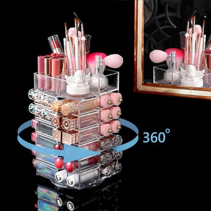 Ikee Design Acrylic Rotating Lipstick Gloss Make Up Organizer with 53 Slots | Rotating Acrylic Lip Gloss for Makeup, Lipsticks, Brushes, Cosmetic Storage Display, Bathroom, Vanity, Countertop - color: 3) Clear, 53 Slots