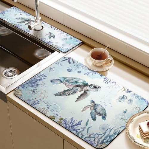 19.5" x 12" Dish Drying Mat & 24" x 5.5" Sink Splash Guard, Super Absorbent Drainer Rack Mat for Kitchen Counter Coffee Bar - color: 02Blue, size: 19.5"*12"+24"*5.5"