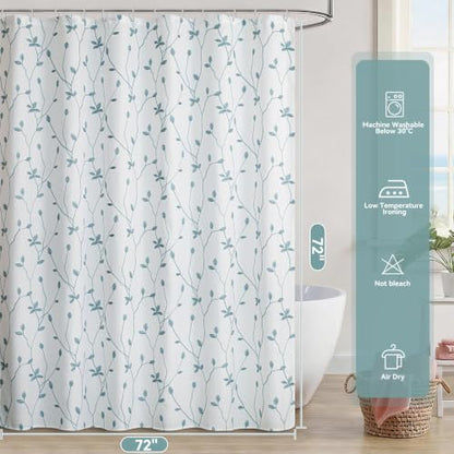 Embroidered Leaf Farmhouse Shower Curtain,Faux Linen,72Wx72L,White Teal | Boho Modern Shower Curtain Set, Washable & Waterproof Fabric, Floral Shower Curtains for Bathroom with Hooks - color: White Teal