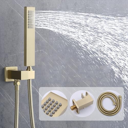4 Way Thermostatic Shower Diverter System with 12 inch Shower Head and Tub Spout, Brushed Gold Bathroom Shower Faucet Set with 6 Body Jet and Handheld Spray - color: Brushed Gold, size: 12" Ceiling Shower