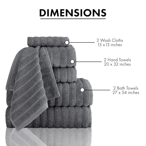 CTT - Luxury 6 Piece Towel Set, 100% Turkish Cotton, Absorbent & Comfy, 2 Bath Towels, 2 Hand Towels & 2 Washcloths | (Grey) - color: Grey, size: 6-Piece Towel Set