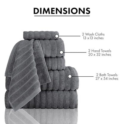CTT - Luxury 6 Piece Towel Set, 100% Turkish Cotton, Absorbent & Comfy, 2 Bath Towels, 2 Hand Towels & 2 Washcloths | (Grey) - color: Grey, size: 6-Piece Towel Set