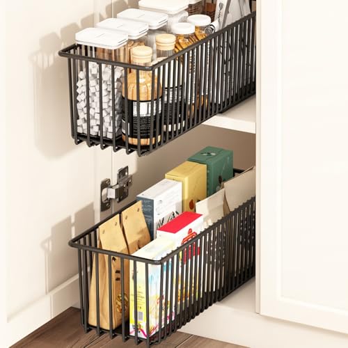 Pull Out Cabinet Organizer 2 Pack, Black Metal Storage Basket for Kitchen Cabinet, Bathroom, Under Sink, Self Adhesive Slide Out Pantry Shelves Drawer Storage, 15.8" LX 5.9" WX5.9 H