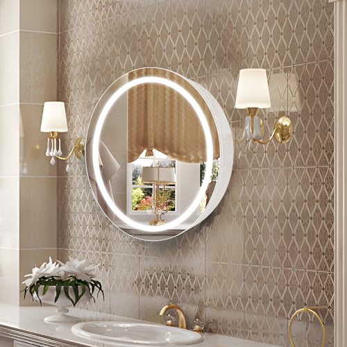 20inch Round Medicine Cabinet with Lights,Led Medicine Cabinet with Defogger,Illuminated Mirror Cabinet for Bathroom,Dimmable,Anti-Fog,3 Colors,Surface Mount Only,White - color: White, size: 20inch
