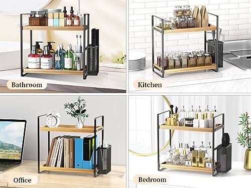 2-Tier Wood Bathroom Counter Organizer with Basket,Waterproof Vanity Perfume Skincare Storage for Bathroom, Kitchen, Dresser - color: Light Brown