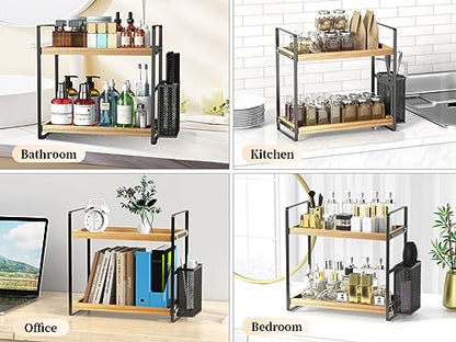 2-Tier Wood Bathroom Counter Organizer with Basket,Waterproof Vanity Perfume Skincare Storage for Bathroom, Kitchen, Dresser - color: Light Brown