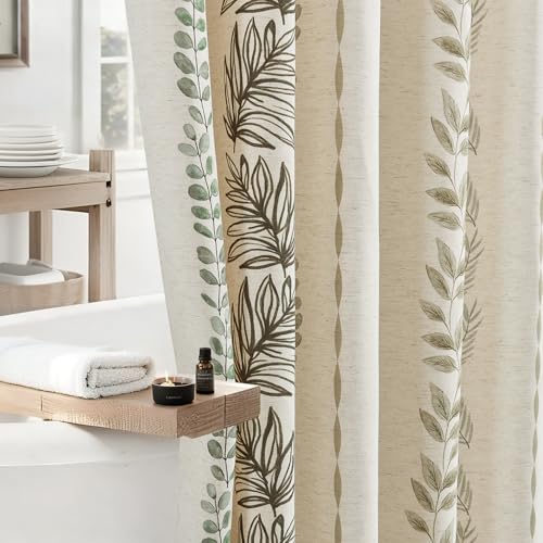 ORTIGIA Linen Striped Shower Curtain 72x84 Inch Extra Long with Metal Hooks,Sage Green Leaf Botanical Waterproof Natural Linen Bath Curtain for Rustic Farmhouse Bathroom Decor - color: Leaf, size: 72"W x 84"L (Pack of 1)