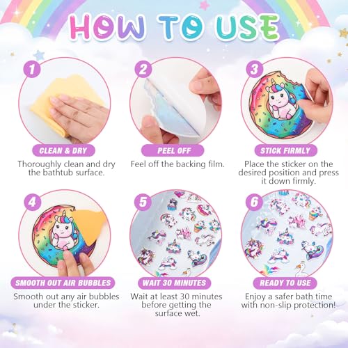 Fullhawl 30 Pcs Unicorn Non Slip Bathtub Stickers Unicorn Anti Slip Shower Stickers Shower Floor Nonslip Sticker Applique Adhesive Decals Treads with Scraper for Bathtub Bathroom Floor - style: Unicorn