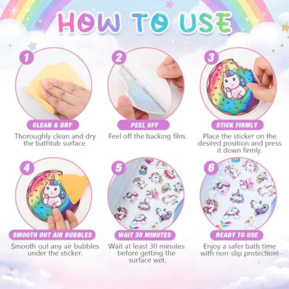 Fullhawl 30 Pcs Unicorn Non Slip Bathtub Stickers Unicorn Anti Slip Shower Stickers Shower Floor Nonslip Sticker Applique Adhesive Decals Treads with Scraper for Bathtub Bathroom Floor - style: Unicorn