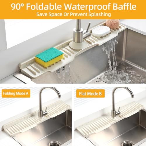 24" Silicone Sink Mat for Kitchen(Released in 2026), 2 PCS Beige | 8° Slope for Quick Self-draining, Sink Splash Guard Behind the Faucet, Narrow Water Splash Guard, for Kitchen&Bathroom Area - color: Beige