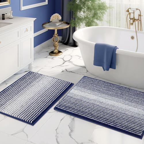 Bathroom Rugs and Mats Sets, 2 Piece Thick Absorbent Chenille Bath Mat Rug Set Non Slip, Soft Shaggy Bath Room Floor Mats for Bathroom, Machine Washable (20" x 32" Plus 16" x 24", Navy) - color: Navy, size: 20" x 32" Plus 16" x 24"