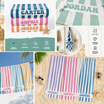 Personalized Striped Beach Towel with Custom Name, Quick Dry Microfiber Towel for Kids & Adults, Soft Pool & Swim Gift