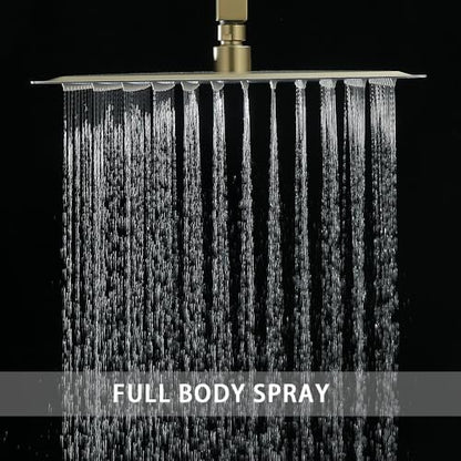 Brushed Gold Shower System Bathroom 16 Inch Rain Shower Head Ceiling Mount with Handheld Luxury High Pressure Shower Combo Set Shower Faucet Rough-in Valve Body and Trim Kit - color: Brushed Gold, size: 16 Inch