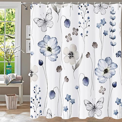 Floral Shower Curtain,Shower Curtains for Bathroom,Blue Flower Shower Curtain Sets Leaf Shower Curtain Plants Blue White Fabric Waterproof Cloth Bathtub Curtains with Hooks 72x72 Inch - color: Flower_blue 2, size: 72"W x 72"L (Pack of 1)