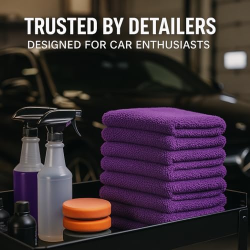 Paks - Edgeless Microfiber Towels 4-Pack - Car Detailing Wash Cloths for Cleaning - 16x16 Car Drying Towel - Lint Free Auto Rags for Polishing & Buffing - Purple & Grey Cleaning Supplies - size: 16 x 16 Inch