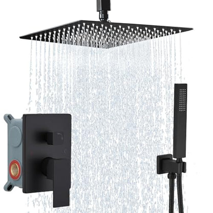 12 Inch Matte Black Ceiling Mount Shower System Bathroom Luxury Rain Mixer Shower Combo Set Ceiling Rainfall Shower Head System Faucet Contain Rough-in Valve and Trim Included - color: Matte Black, size: 12 Inch