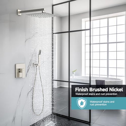 SR SUN RISE Shower Faucet Set & System - 12 Inch Rainfall Shower Head & Handle Set Wall Mounted Brushed Nickel Solid Brass Valve Trim Kit Included - color: Brushed Nickel, size: 12 Inch