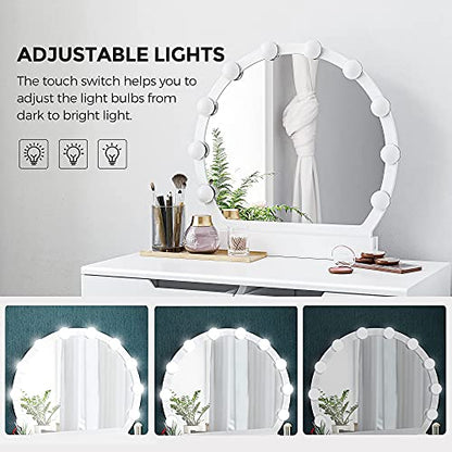 VASAGLE Makeup Vanity Set with 10 Light Bulbs and Touch Switch, Dressing Makeup Table Desk with Large Round Mirror, 2 Sliding Drawers, 1 Cushioned Stool, White URDT11WL - style: 31.5"W 2 Drawers Vanity Desk - White
