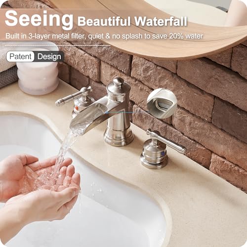 4-16 Inch Widespread Bathroom Faucet Brushed Nickel, Brass Waterfall Faucet for Bathroom Sink, 2 Handles with cUPC Water Hoses & Pop-Up Drain, 10 Mins Easy Installation, Saving Water, Modern - color: Brushed Nickel - Modern